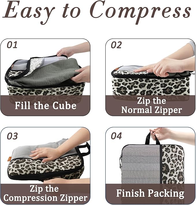 U+U 10 Set Compression Packing Cubes - Ultralight Leopard Travel Organizers with Laundry Bag, Space-Saving Suitcase Organizer, Expandable Packing Cubes for Travel and Family Vacation (Leopard)