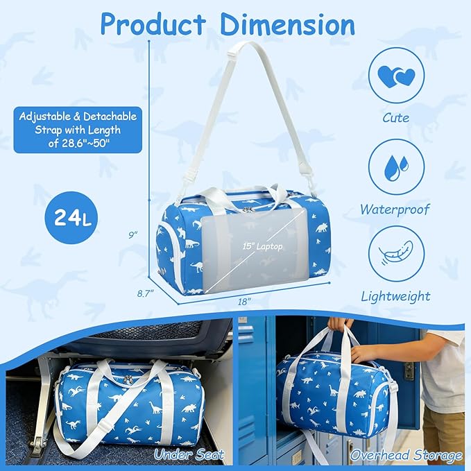 CAMTOP Kids Duffel Overnight Bag Boys Girls Toddler Weekender Carry-On Personalized Tote for Travel Gym Sport (A-Blue White Dinosaur)