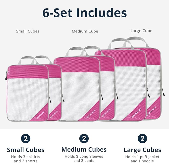 Compression Packing Cubes 6 Set, Compressible Space-Saving Packing Cubes for Travel - Compression Bags, Luggage Organizer, Travel Essentials for Women, Hot Pink