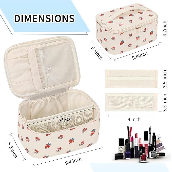 OCHEAL Makeup Bag,Travel Makeup Organizer Bag, Large Capacity Cosmetic Bags For Women Large Travel Toiletry Bag Girls Traveling With Brush Slot And Divider-PU Strawberry