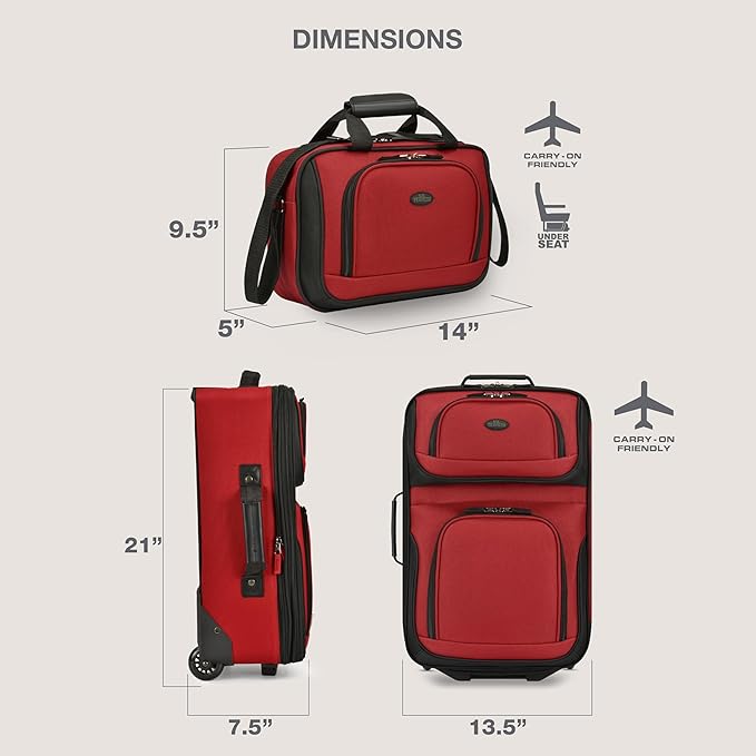 U.S. Traveler Rio Lightweight Softside Rolling Carry-on Suitcase, 2-Wheel Set, Red