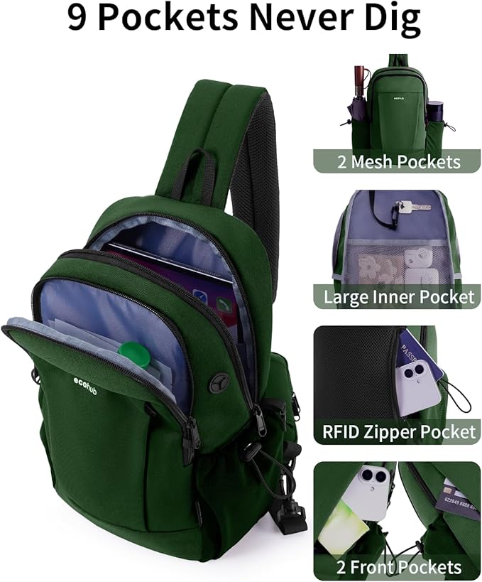 ECOHUB Anti-Theft Crossbody Bag Men Women, RFID Blocking Lightweight Sling Backpack Eco-Friendly with 9 Pockets Sturdy SBS Zippers Water Resistant for Travel Work Hiking Outdoor, Army Green