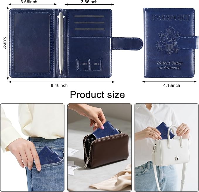 Sizobi Passport Holder for Travel,RFID Passport Cover Wallet for Women Men,Leather Passport Book Card Holder Case for International Travel Must Haves Accessories,Cruise Ship Essentials Gifts,Dark Blue