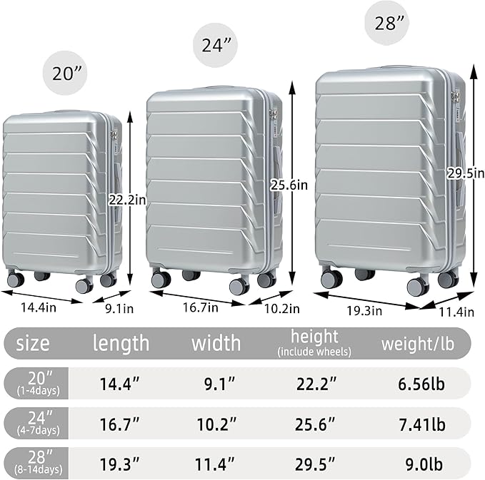 Hardshell Luggage, Lightweight Suitcase with Spinner Wheels, Silver