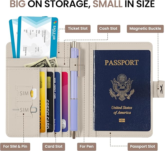 Passport Holder for Travel Essentials, RFID Blocking Leather Cover Wallet with Magnetic Closure, Aesthetic & Cute Passport Book Case for Women and Men - Owl