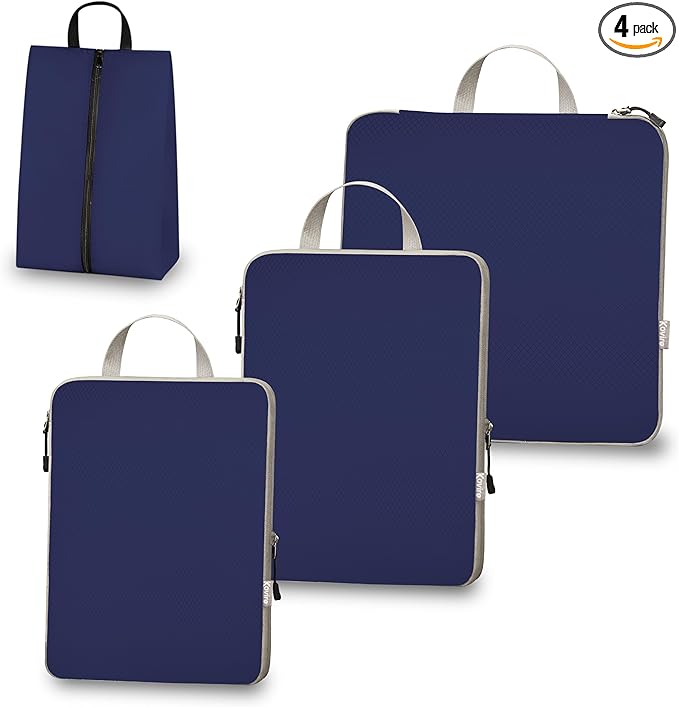 Compression Packing Cubes for Travel, Set of 4 Expandable Luggage Organizers with Shoe Bag, Lightweight Water-Resistant Suitcase Essentials for Carry-on & Checked Luggage, Blue