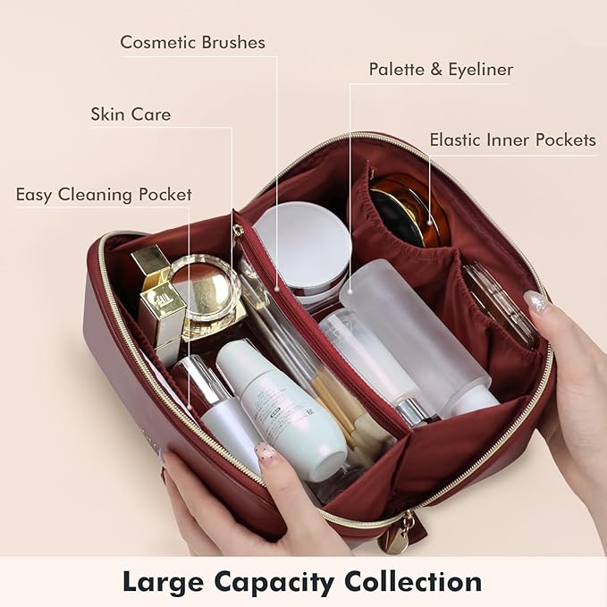 Prite Makeup Bag for Women Travel Waterproof Vegan Leather Cosmetic Bag Open Flat Toiletry Bag With Clear Divider and Handle (Dark Red)