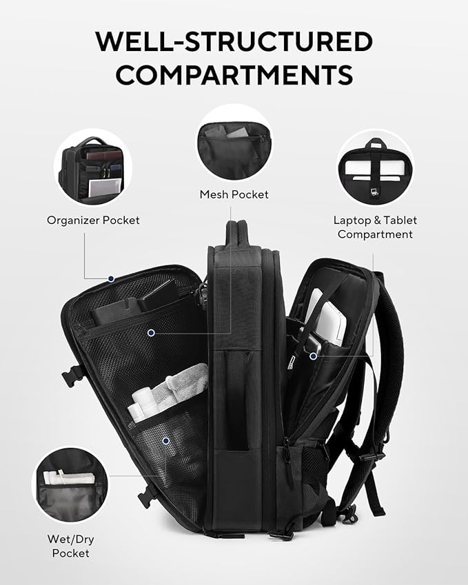 Dinictis Vacuum Seal Travel Backpack 60L Built-in Pump, Expandable Backpack with Vacuum Compression Fits 17 inch Laptop, Water Resistant Carry On Suitcase Luggage for Short Trip and Business-Black