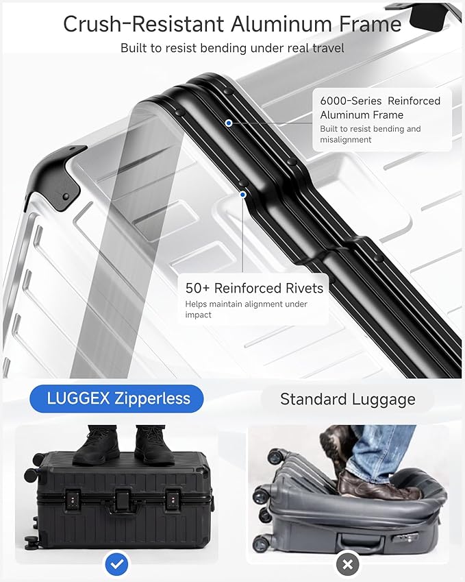 LUGGEX Checked Suitcase with Spinner Wheels, 8010S Aluminum Frame Zipperless Polycarbonate Hard Shell Suitcase (ZX-Core, Black, 30 Inch)