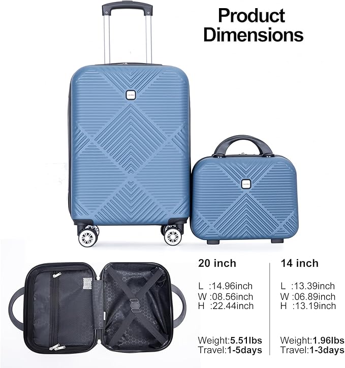 2 Piece Carry on Luggage Set, Airline Approved 20 Inch Luggage with Cosmetic Case HardShell Suitcase with Spinner Wheels, Lightweight Durable Hardside Suitcases Set, Blue