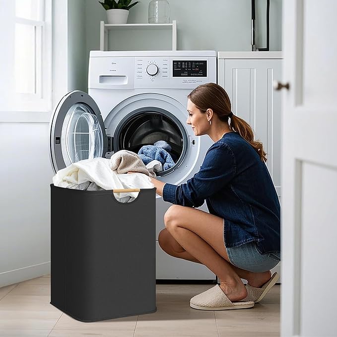 STORAGE MANIAC 1-Pack Large Laundry Hamper, 100L (26.4 Gal) Collapsible Laundry Basket with Bamboo Handles, Freestanding Waterproof Clothes Hamper for Laundry Room, Bedroom, Dorm, Towels, Toys, Black