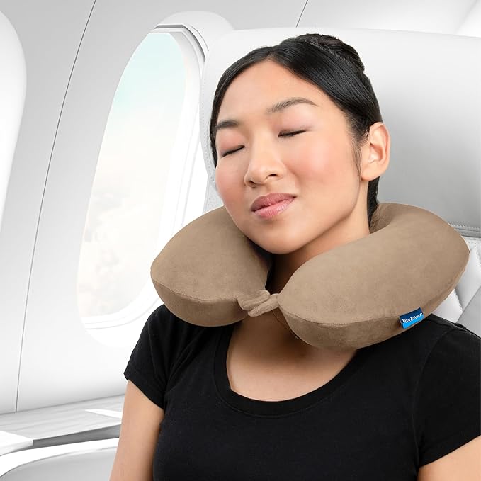 Brookstone Travel Neck Pillow - Lightweight Fleece Casing U-Shaped Stuffable Memory Foam Travel Pillow for Sleeping and Neck Support, Size One Size, Khaki