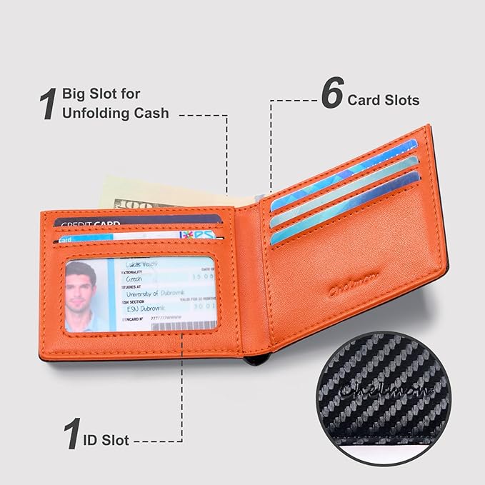 Chelmon Slim Wallet for Men ID Window with RFID Blocking Front Pocket Minimalist Bifold Bussiness Card Holder Gift for Men, Carbon Black & Orange