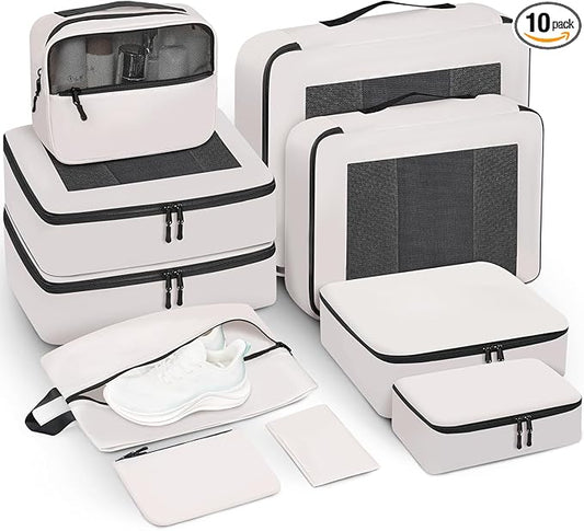 Mesh Packing Cubes for Travel, Durable Luggage Organizer with Sturdy Material and Double Zippers, Comprehensive Set for Travel Accessories Storage, 10 set, cream