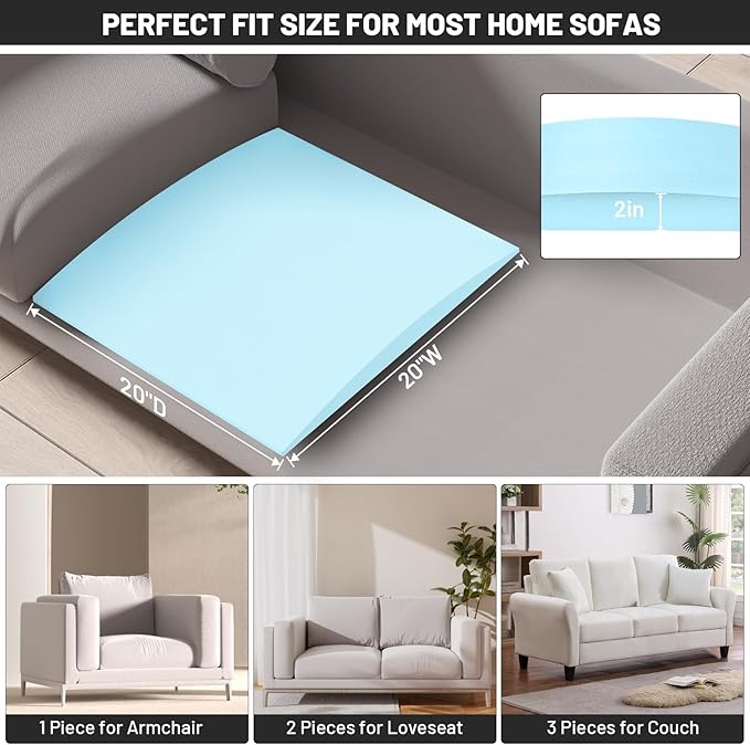 Couch Cushion Support for Sagging Seat, 20"x20"x2" 40D High Density Curved Foam Sofa Cushion Support, Under-Cushion Sag Repair,Blue Set of 3