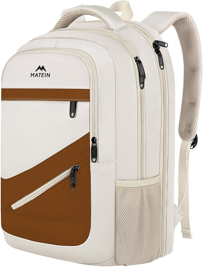 MATEIN 17.3 Inch Womens Laptop Backpack, Water Resistant Work Business Backpack with Multiple Pockets Fits 17 Inch Computer Notebook, Spacious Commute Bag TSA Approved and Comfortable, Beige Brown