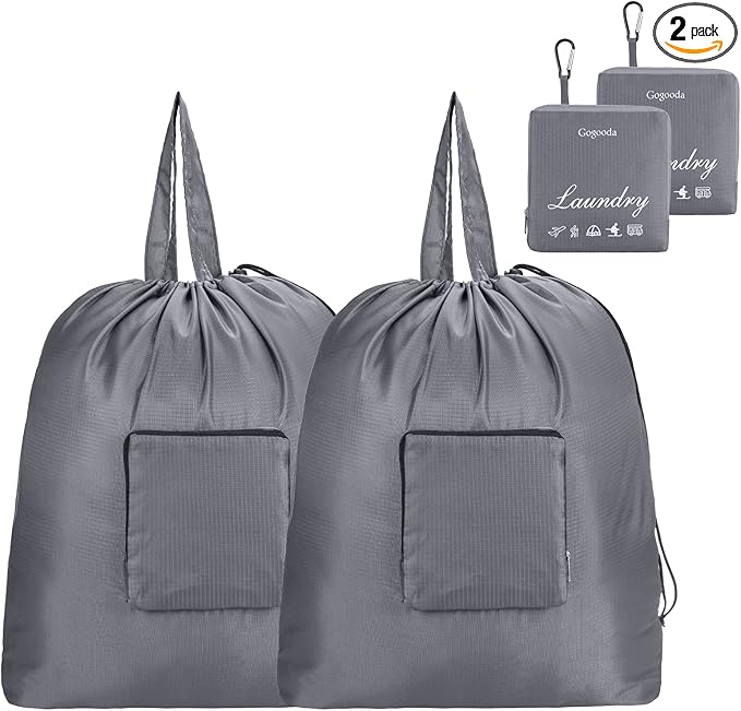 GOGOODA Smell Proof Travel Laundry Bags for Dirty Clothes, 2 Pack Large Foldable Laundry Bag with Carabiner & Handle, Heavy Duty Luggage Organizer for Gym, Sports, Camping - 21 x 24 in, Grey