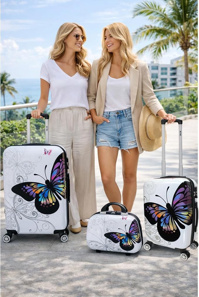 World Traveler Butterfly 3-Piece Polycarbonate Hardside Expandable Spinner Luggage Set with Enhanced Wheel System