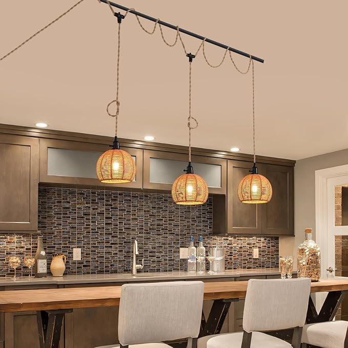 3-Light Hanging Light with Plug in Cord,Plug in Pendant Light 22ft Hemp Rope Pendant Lighting Vintage 3-Light Hanging Lamp Fixtures for Kitchen Island Living Room Bedroom