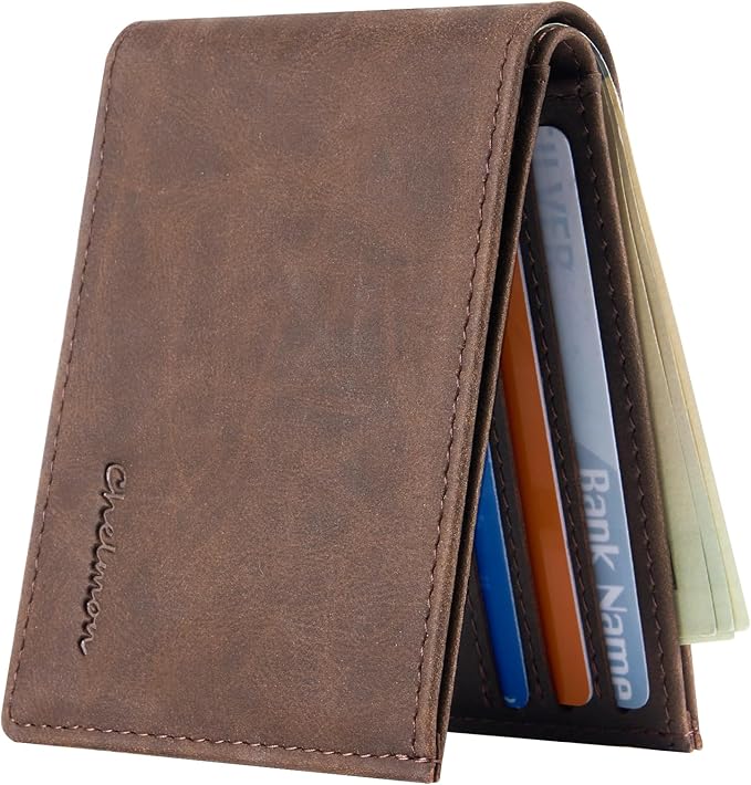 Chelmon Slim Wallet for Men ID Window with RFID Blocking Front Pocket Minimalist Bifold Bussiness Card Holder Gift for Men, CH Coffee