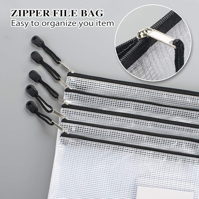 Sooez 20 Pack Mesh Zipper Pouch Bags, A4 Letter Size Zipper Bag with Label Pocket, Waterproof Pouches Classroom Organizer, Board Game Toy Storage, Document Bag Teacher School Office Supplies, Black