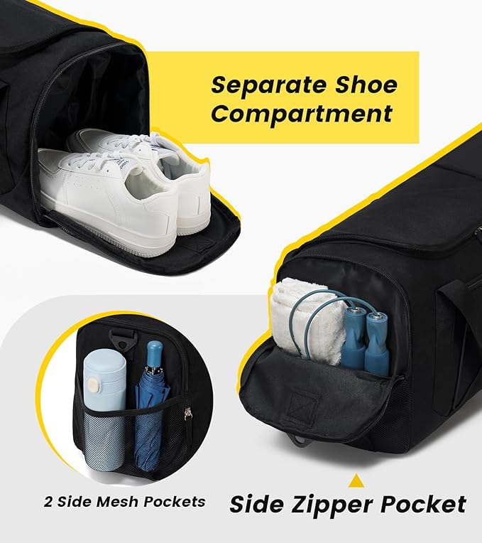 Vorspack Gym Bag for Men - 18 Inches Duffle Bag for Travel Duffel Bag with Shoe Compartment Lightweight Travel Bag for Gym Sports Overnight Weekender - Black