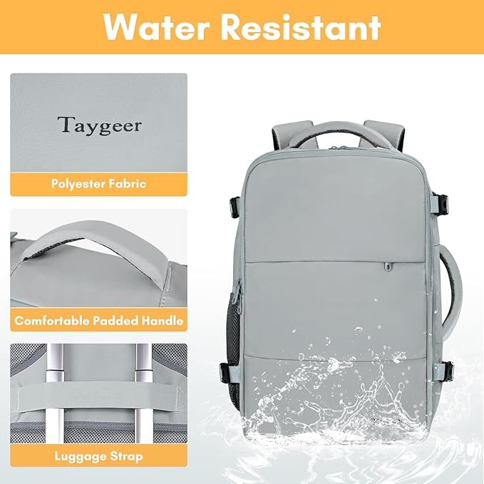 Taygeer Carry On Backpack for Men Women, Travel Backpack with Water Bottle Pocket & Shoe Pouch, Laptop Mochila 17.3inch Flight Approved, College Teacher Tote Bag for Business Travel, Grey