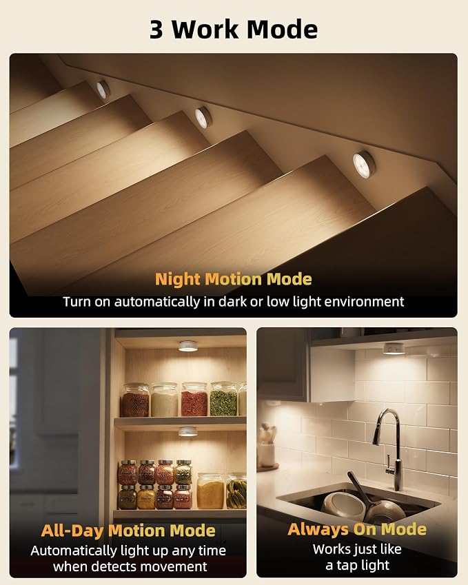 EZVALO 8 Pack Motion Sensor Closet Lights, 1200mAh Rechargeable Under Cabinet Lights, Night Lights, Puck Lights, Dimmable, 3 Color Temps, Magnetic, Stick-On for Kitchen, Stairs, Closet