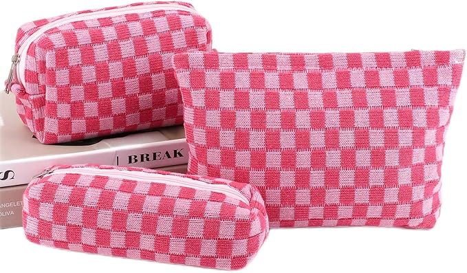 EIMMBD Makeup Bag 3 Pieces Large Capacity Checkered Cosmetic Bags Canvas Travel Toiletry Bag Organizer Cute Makeup Pouch Storage for Women(Rose)