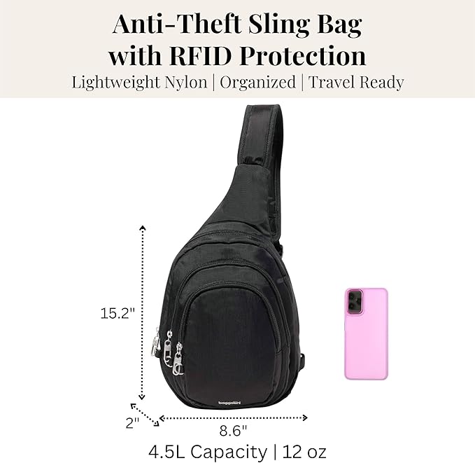 Baggallini Securtex® Anti-Theft Multi Zip Sling - Lightweight 8.6"x15.2" Travel Bag with Locking Zippers & RFID Protection