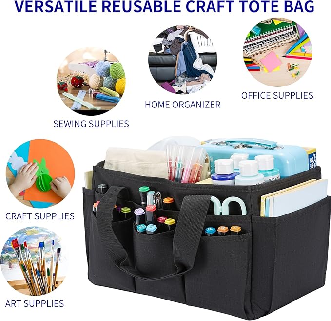 Craft Tote Bag, Art Organizer,Cleaning Supply Caddy, Carrying Bag with Handle for Multi-Purpose, Organizer Caddy for Pets (Black)