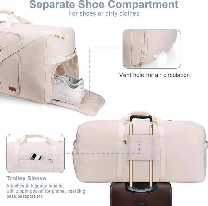 120L Travel Duffle Bag for Men and Women, Urtala 34” Large Duffle Bag for Traveling with Shoe Compartment, Foldable Duffel Bag Water & Tear Resistant (Beige)