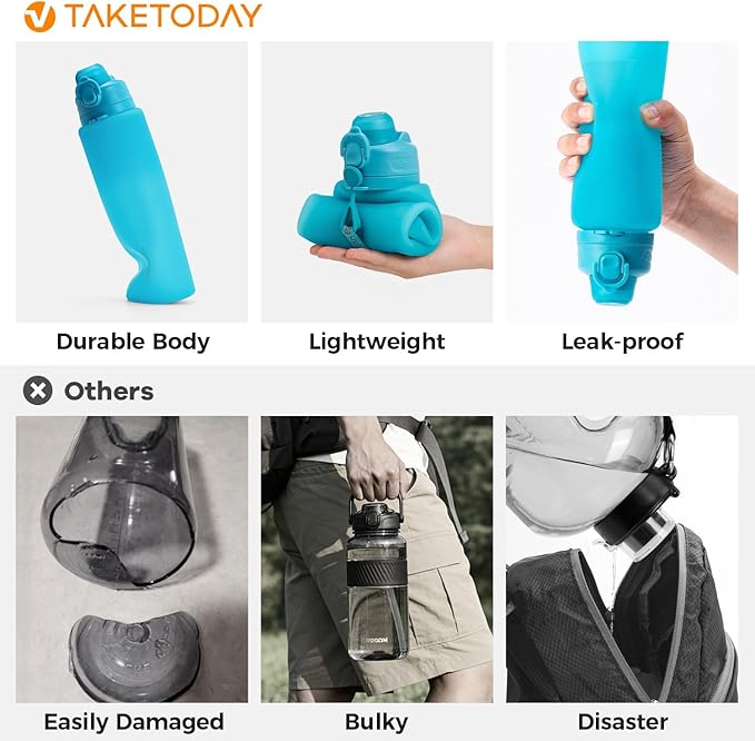 TakeToday Collapsible Water Bottles 32oz, Foldable Travel Bottle, TSA-Approved Leakproof Newly Silicone Water Bottle for Hiking, Travel, Outdoors, Blue