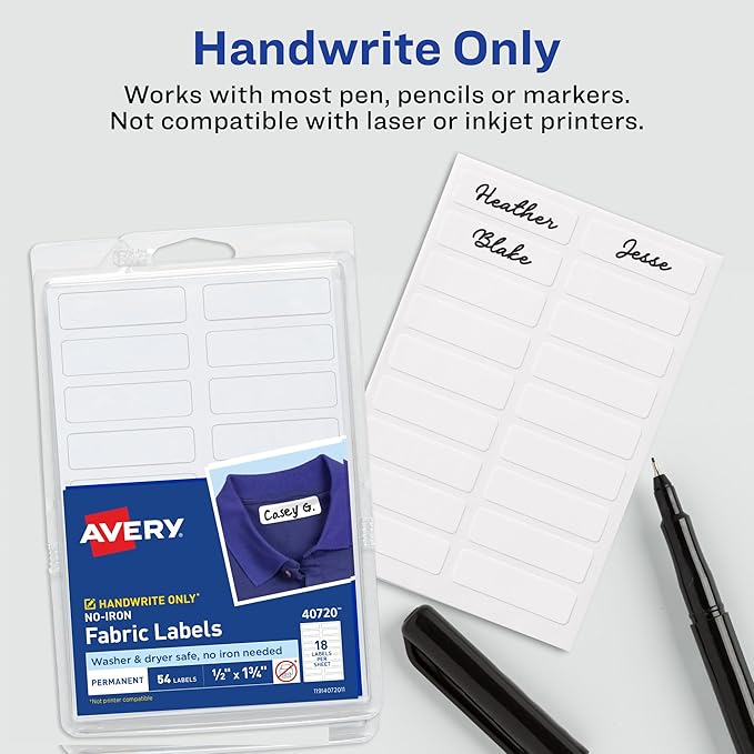 Avery No-Iron Fabric Labels, 1/2" x 1-3/4", Washer and Dryer-Safe, White, Non-Printable, 54 Labels Per Pack, 108 Total (2-Pack of 40720)