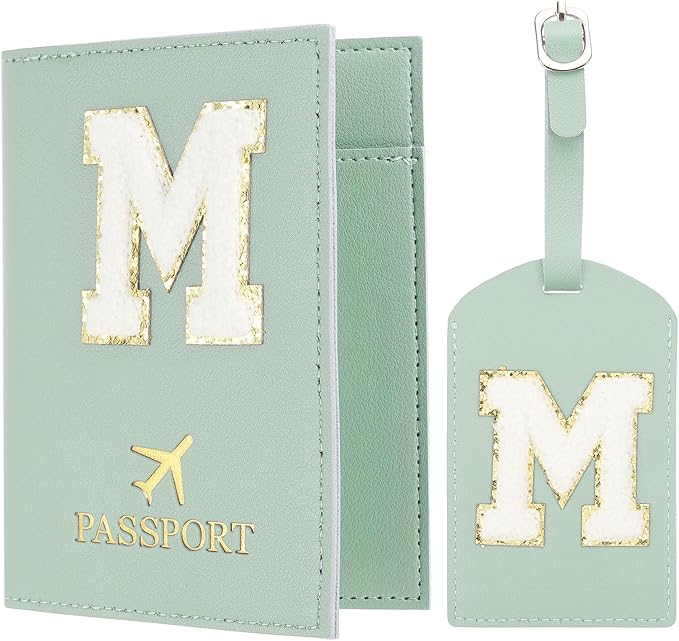 PATIKIL Passport Holder for Travel, Initial Passport Cover and Luggage Tag Set with Alphabet Chenille Letter Patch Travel Wallet Bag Suitcase Identifier for Women Family Travel Green M