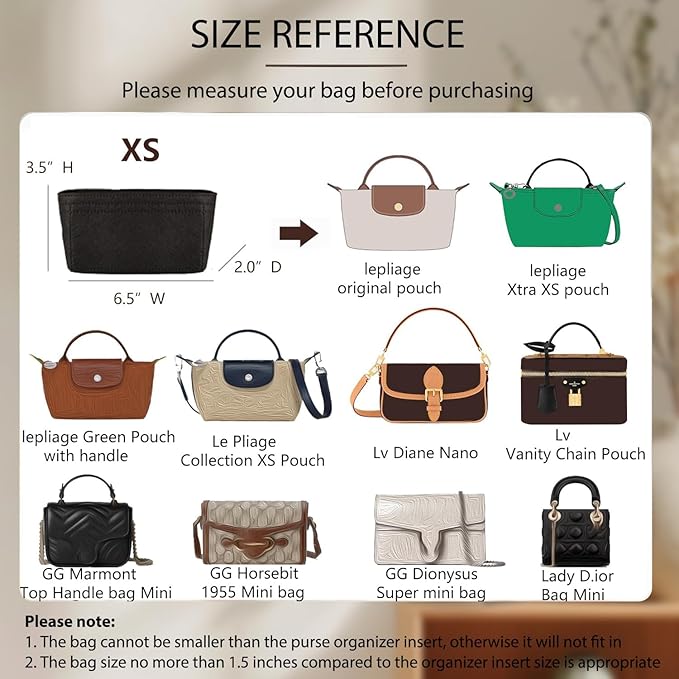 Small Purse Organizer Insert Compatible with Longchamp Mini LePliage Xtra/Original/Green XS Pouch, Felt Handbag Organizer Divider Shaper Inner with Zipper, Black/XS