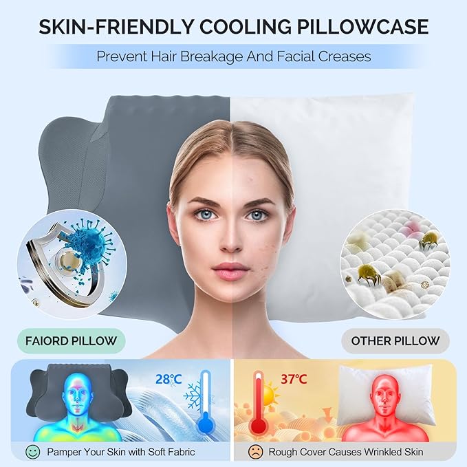 Cervical Pillow for Neck Pain Relief - Cooling Ergonomic Dual-Sided Orthopedic Neck Pillow with Ice Silk Pillowcase, Breathable Memory Foam Contour Pillow for Side, Back, Stomach Sleepers