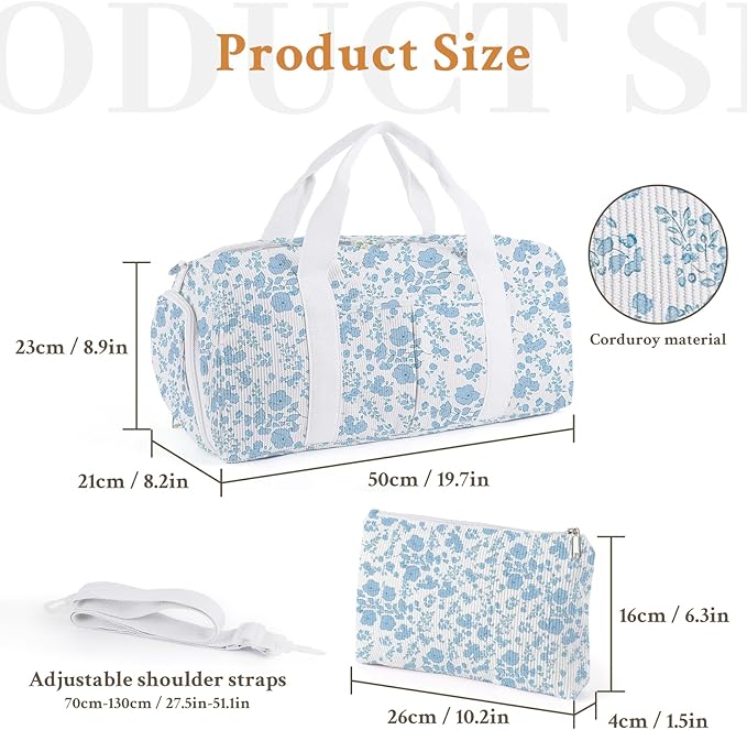 2PCS Cute Gym Bag for Girls, Corduroy Duffle Bag with Wet Pocket & Shoe Compartment and item bag, Duffle Bag for Travel, Sports, Fitness & Workout