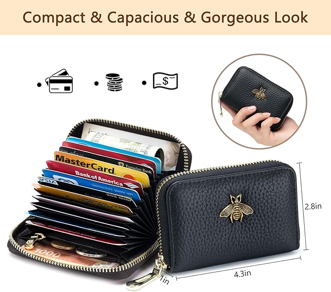 imeetu RFID Credit Card Holder, Small Leather Zipper Card Case Wallet for Women