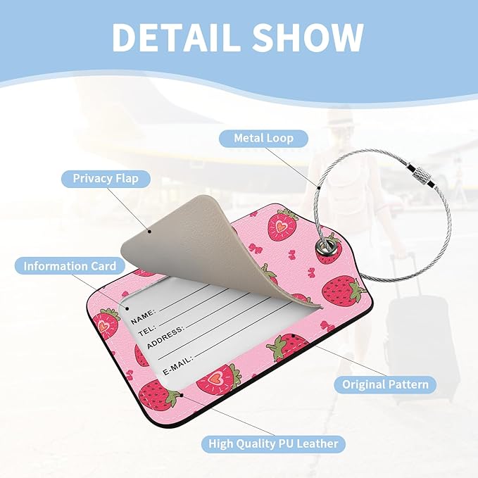 2 Pcs Luggage Tag for Suitcases, Cute Strawberry Bows PU Leather Suitcase Tag Privacy Cover Name ID Label with Metal Loop, Personalized Baggage Identifier for Women Bag Travel Essentials