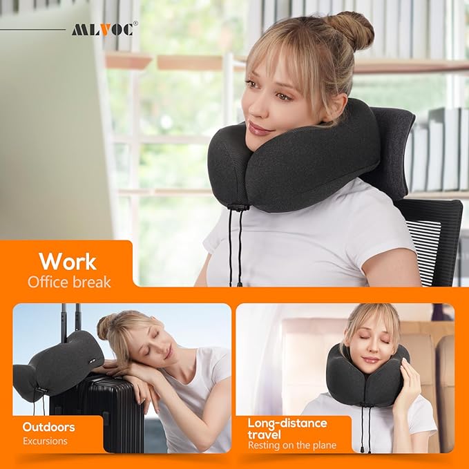 MLVOC Neck Pillow for Traveling, Upgraded 100% Pure Memory Foam Travel Neck Pillow for Airplane Flight Sleep, Breathable & Machine Washable Cover, Travel Kit with 3D Eye Mask, Earplugs & Bag, Black
