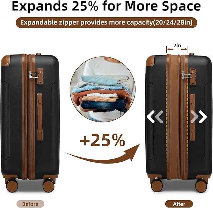 LARVENDER Luggage Sets 6 Piece Hardside Expandable Suitcase Set with Spinner Wheels TSA Lock Black, Travel Luggage Set Clearance for Men and Women, Black