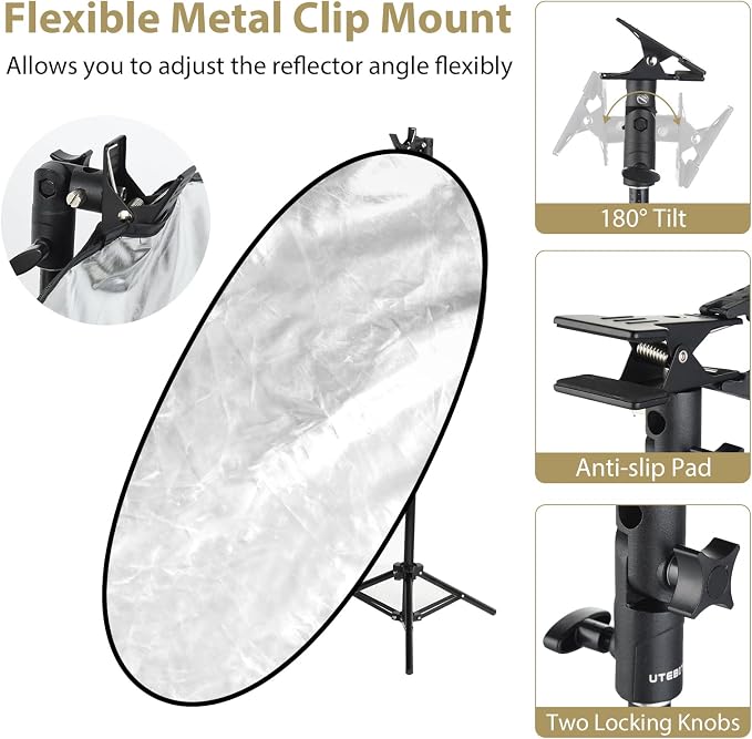 35"x47" Photography Reflector with Stand, Include Clamp&Carrying Bag | 5-in-1 Oval Foldable Reflector, Translucent/Silver/Gold/White/Black Photography Reflector for Studio&Outdoor Lighting
