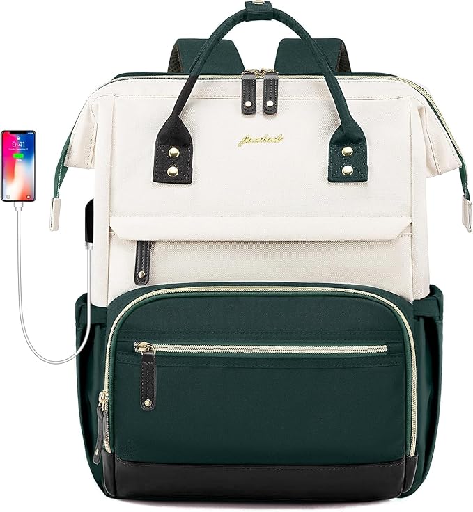 Laptop Backpack Women Work Bag: 15.6 inch Work Bookbag with USB Charging Port Large Travel Backpack Purse for College Nurse Casual Daypack for Teacher Professional Computer Backpack Beige Green