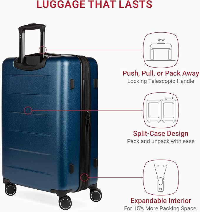 SwissGear 8020 Eclipse Hardside Expandable Luggage with Spinner Wheels, Navy, Checked-Medium 24-Inch