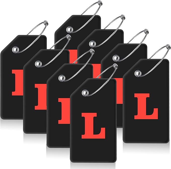 Gostwo 8 Pack Luggage Tags for Suitcases, 26 Initial Letter Travel Luggage Baggage Identification Labels ID Tags Fully Bendable Tags with Stainless Steel Loop (Letter L, Black)