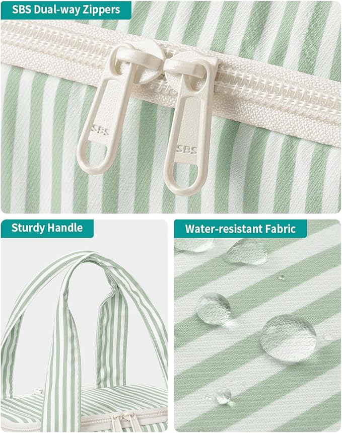 Narwey Striped Travel Toiletry Bag for Women Large Makeup Bag, Wide-open Cosmetic Make Up Organizer with Handle, Travel Bag for Toiletries, Essentials, Accessories (Mint Green Stripe)