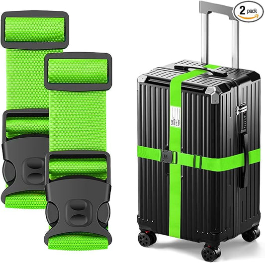 BILIONE Luggage Straps Adjustable Suitcase Belt, Lockable Against Accidental Opening, Easy to Identify Travel Accessories, Add a Bag Connector Holds Suitcase Together (2, Energetic Green)
