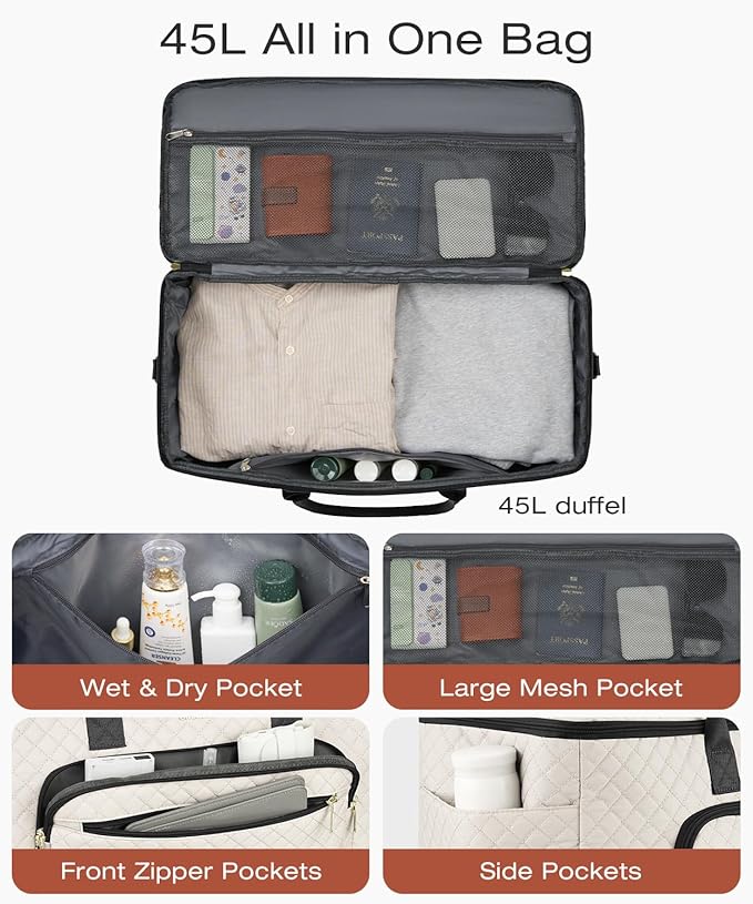 Travel Duffle Bag, Wide Open Large Weekender Bag for Women with Shoe Compartment, Carry on Overnight Bags with Toiletry Bag, Hospital Bag for Women Labor Delivery with Wet Pocket (Beige Black)