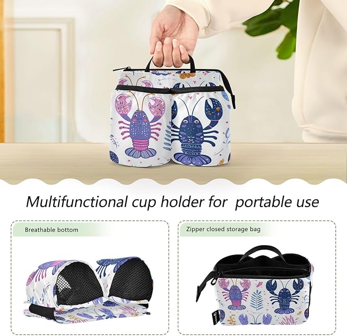 Blue Lobster and Seaweeds Luggage Cup Holder Travel Portable Free Hand Drink Carrier Suitcase Drinks Beverage Holder Carry-On Bottle Mug Holder Organizer Bag Travelers Accessories